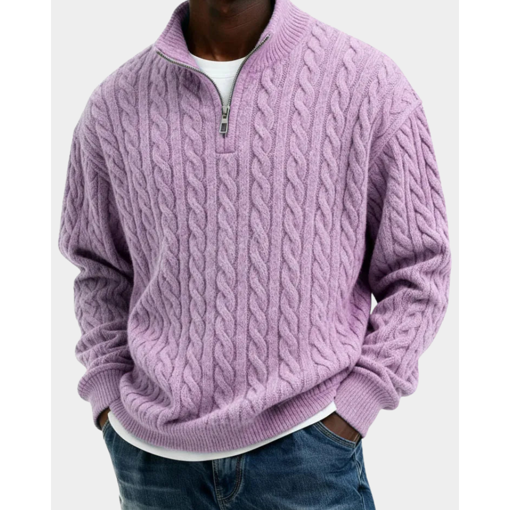 Men's Cable Knit Quarter-Zip Sweater - Purple