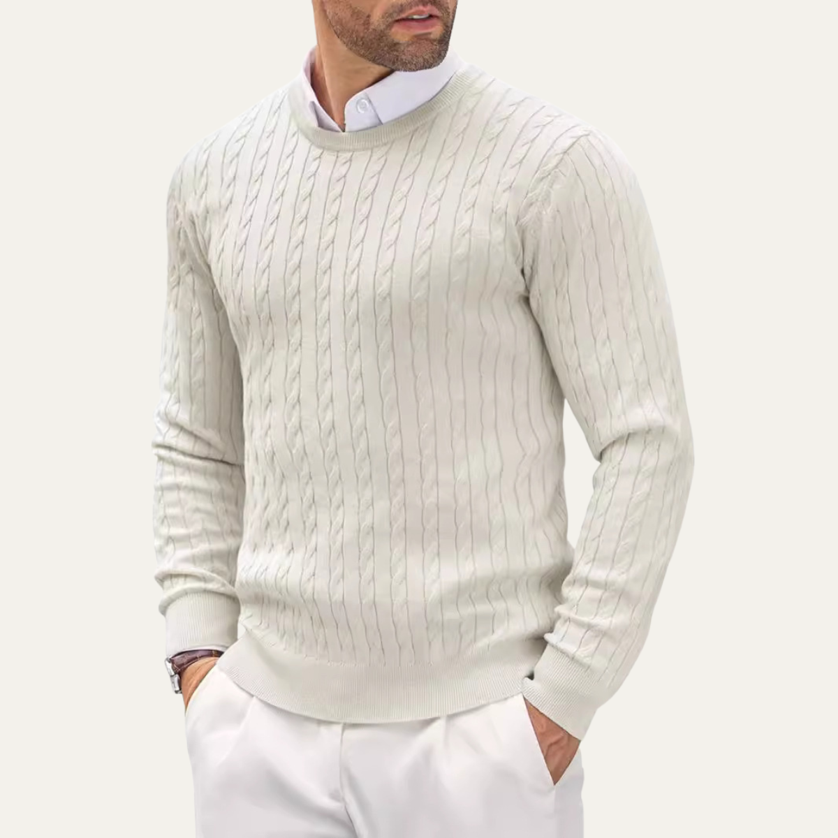 Men's cable knit round neck sweater in Beige