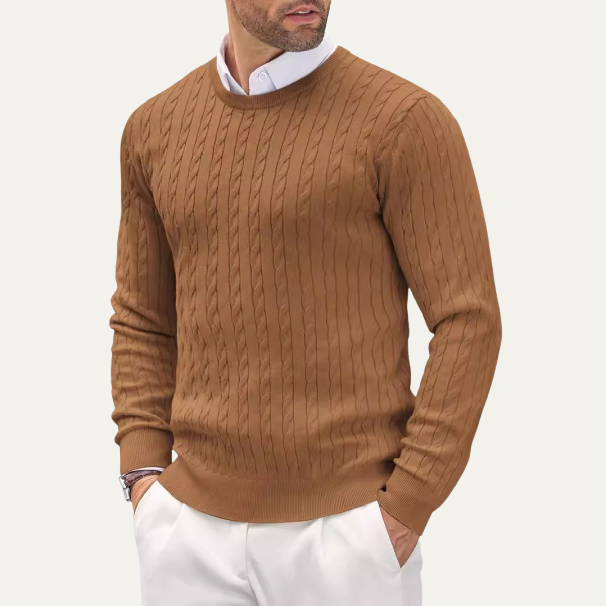 Men's cable knit round neck sweater in Brown