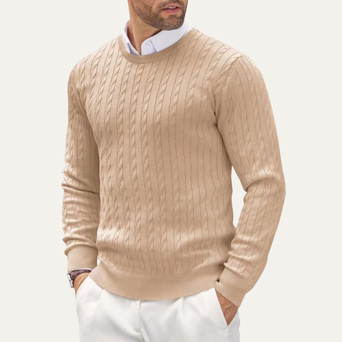 Men's cable knit round neck sweater in Khaki