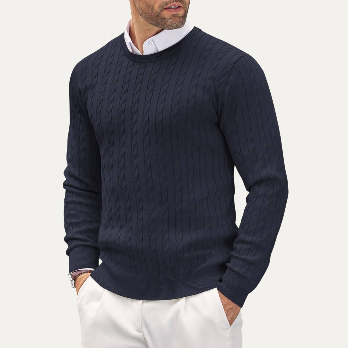 Men's cable knit round neck sweater in Navy Blue