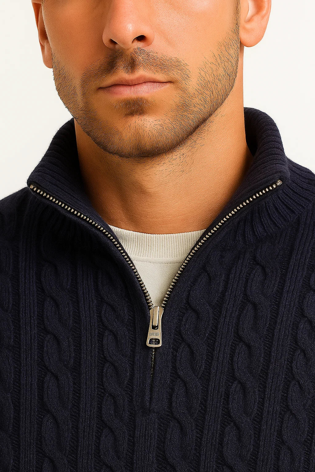 Men's Cable-Knit Zip Sweater | Ribbed Wool-Blend Pullover - Deep Teal