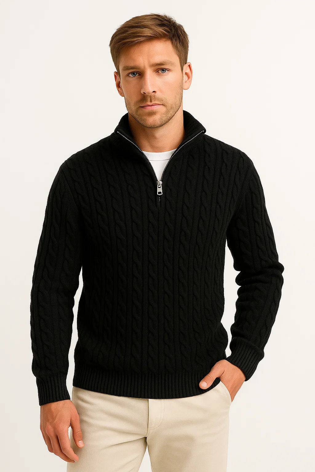 Men's Cable-Knit Zip Sweater | Ribbed Wool-Blend Pullover - Light Grey