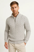 Men's Cable-Knit Zip Sweater | Ribbed Wool-Blend Pullover - Navy