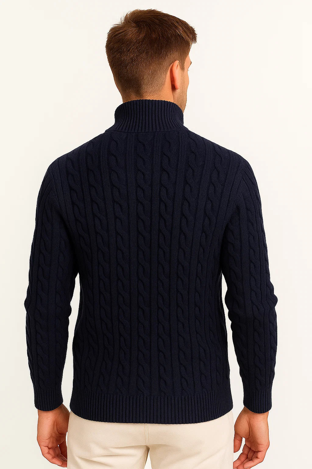 Men's Cable-Knit Zip Sweater | Ribbed Wool-Blend Pullover - Vanilla Beige