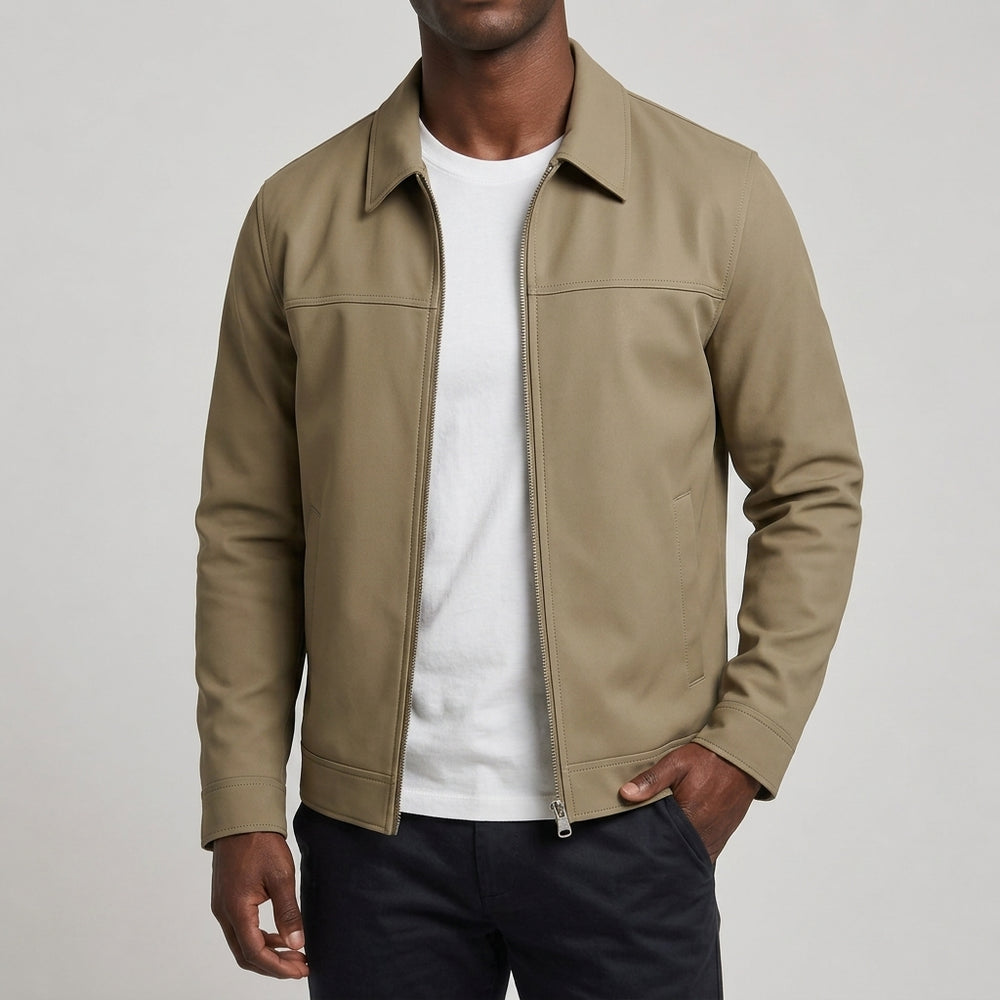 Men's Checked-Lined Collared Jacket in Khaki, worn on model, front view