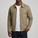 Men's Checked-Lined Collared Jacket in Khaki, worn on model, front view