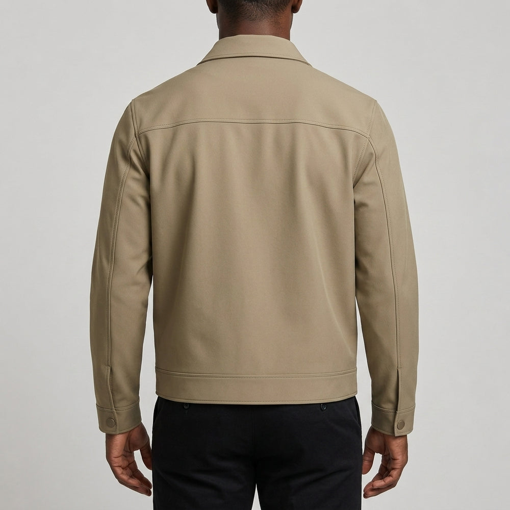 Men's Checked-Lined Collared Jacket in Khaki, worn on model, back view