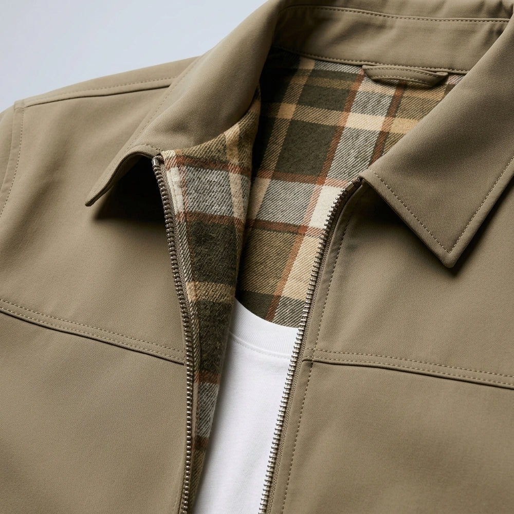 Men's Checked-Lined Collared Jacket checked lining detail