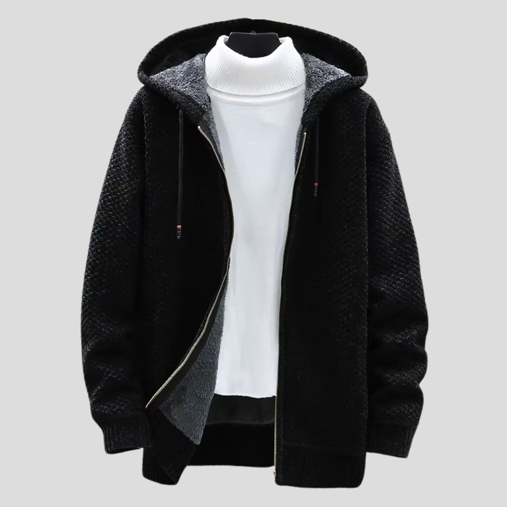 Chunky Knit Full-Zip Hoodie - Black