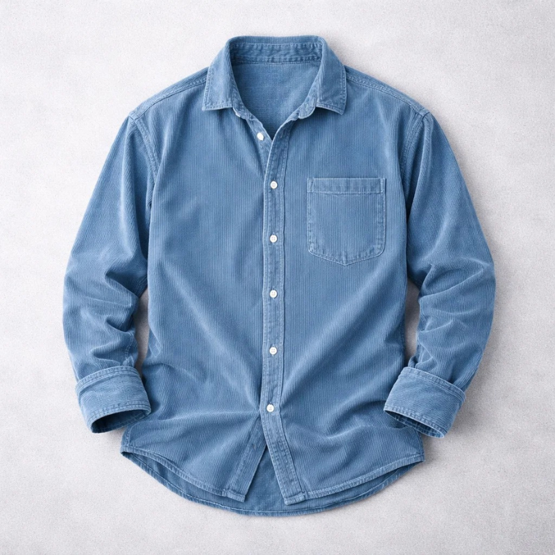 Men's Corduroy Button-Up Shirt with Chest Pocket - Blue