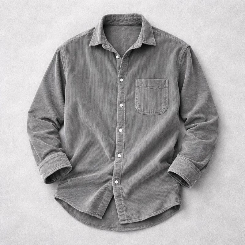 Men's Corduroy Button-Up Shirt with Chest Pocket - Gray