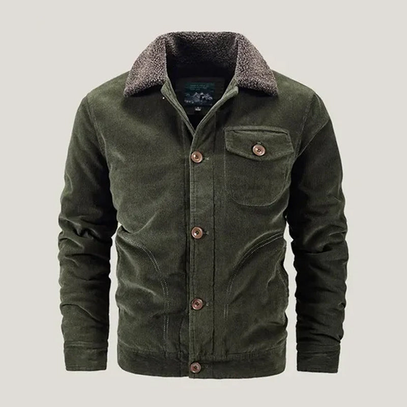 Men's Corduroy Fleece-Lined Jacket | Button-Up Winter Coat - Green