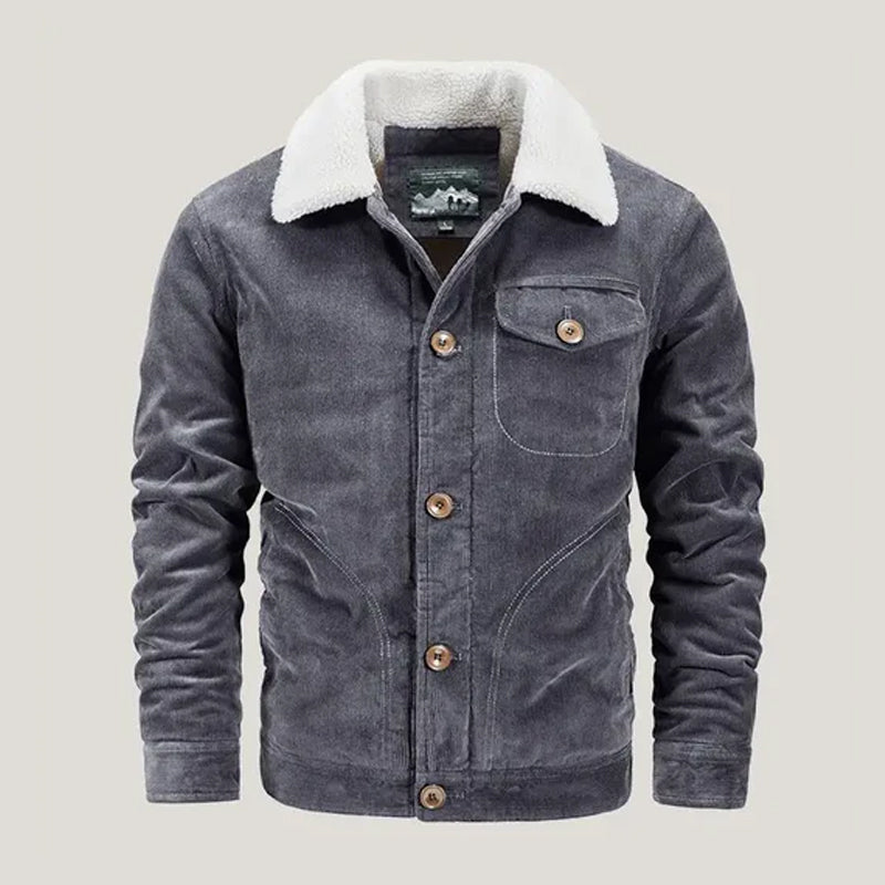Men's Corduroy Fleece-Lined Jacket | Button-Up Winter Coat - Grey