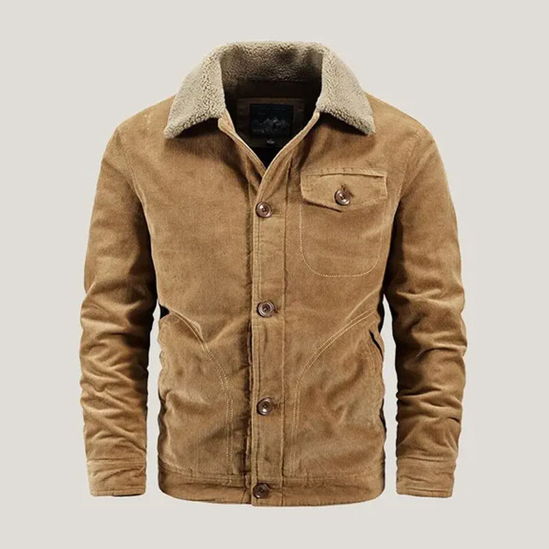 Men's Corduroy Fleece-Lined Jacket | Button-Up Winter Coat - Khaki