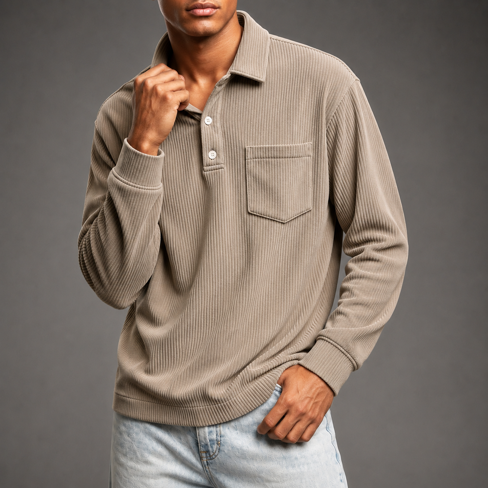 Men's Corduroy Polo Pullover - Beige - on model