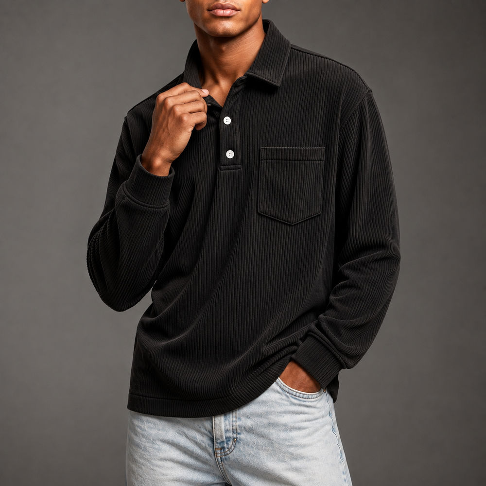 Men's Corduroy Polo Pullover - Black - on model