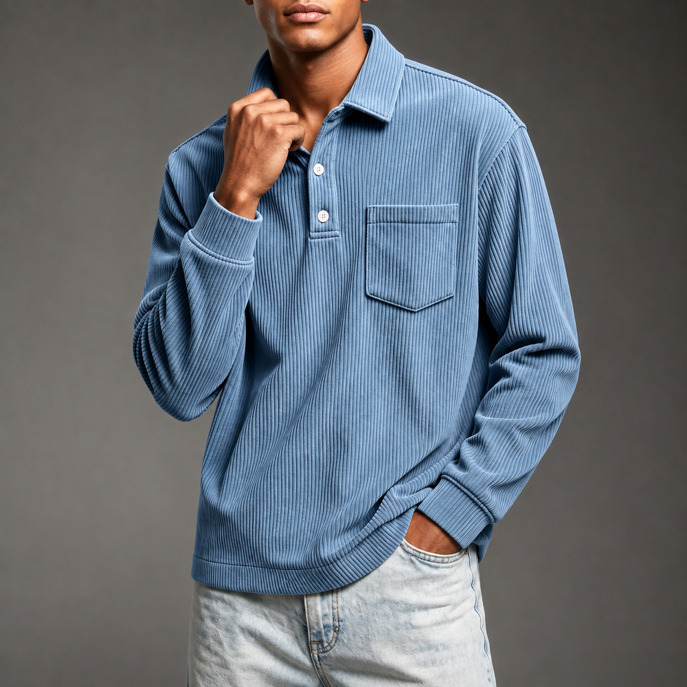 Men's Corduroy Polo Pullover - Carolina Blue - on model