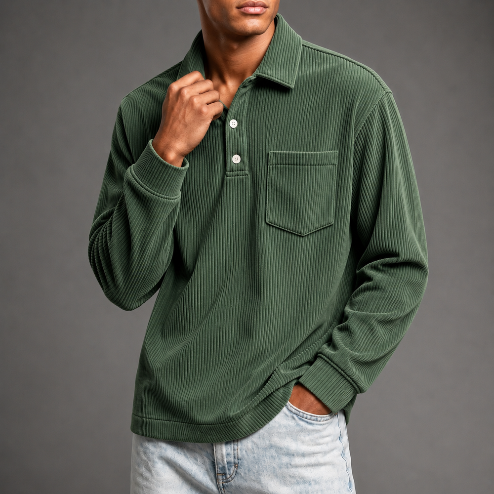 Men's Corduroy Polo Pullover - Forest Green - on model