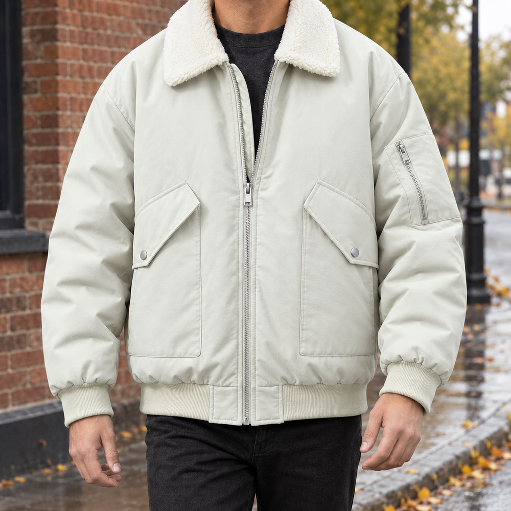 Men's Cotton Blend Aviator Jacket - Light Gray - on model