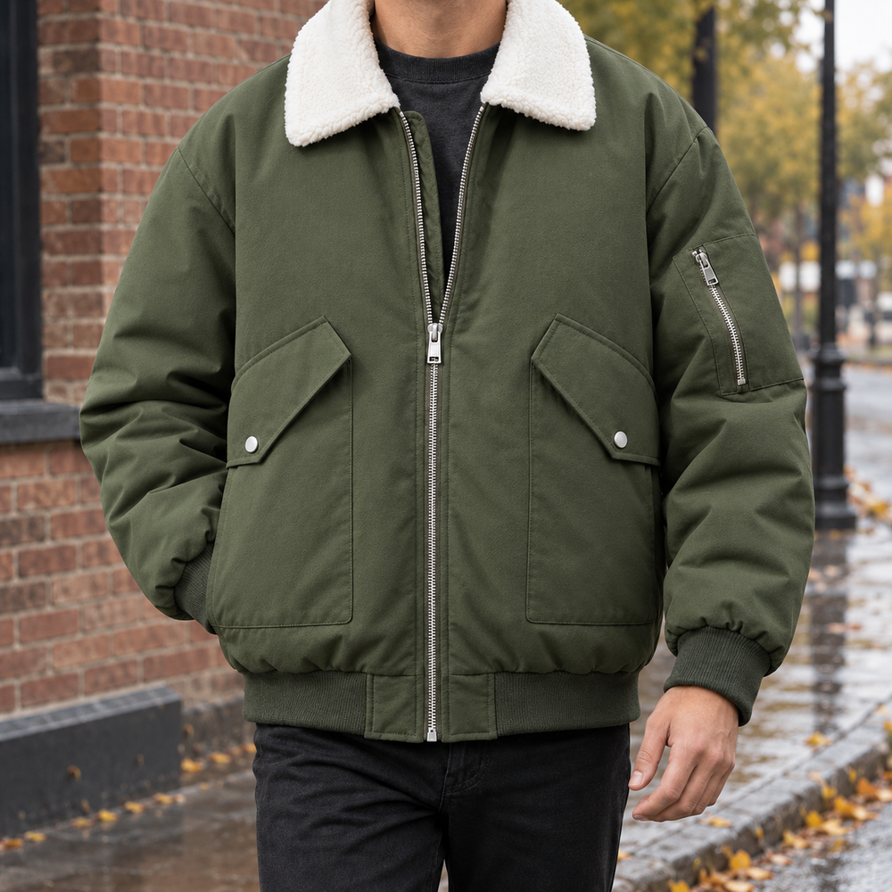 Men's Cotton Blend Aviator Jacket - Military Green - on model