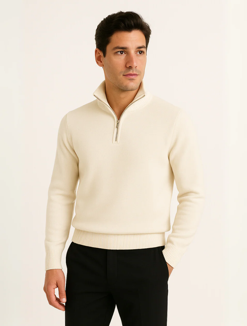 Men's cotton knit half-zip sweater lifestyle photo