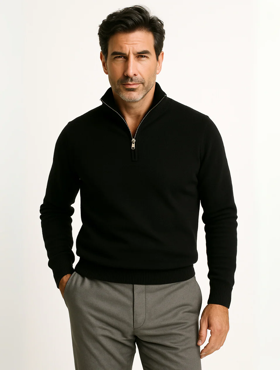 Men's cotton knit half-zip sweater lifestyle photo