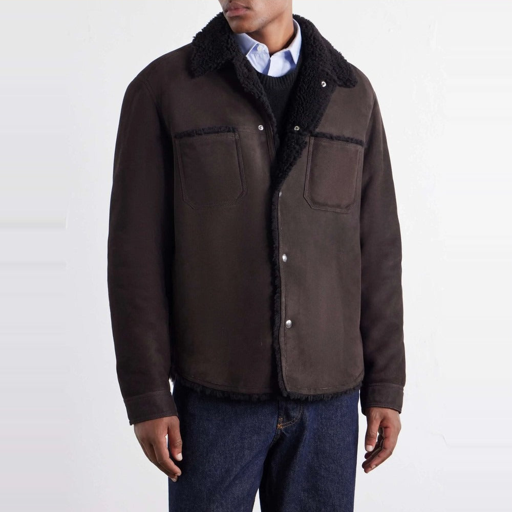 Men's Dark Brown Suede Jacket with Shearling Collar - on model