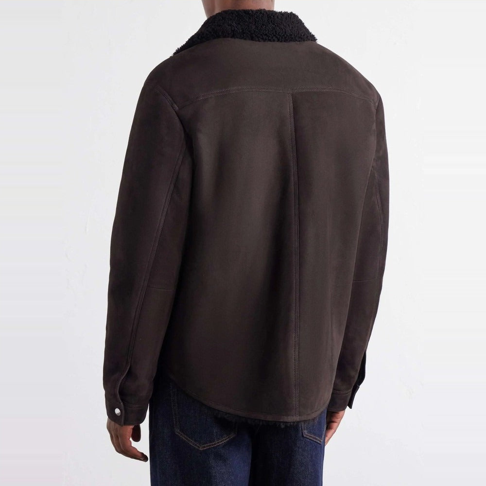 Men's Dark Brown Suede Jacket with Shearling Collar - on model