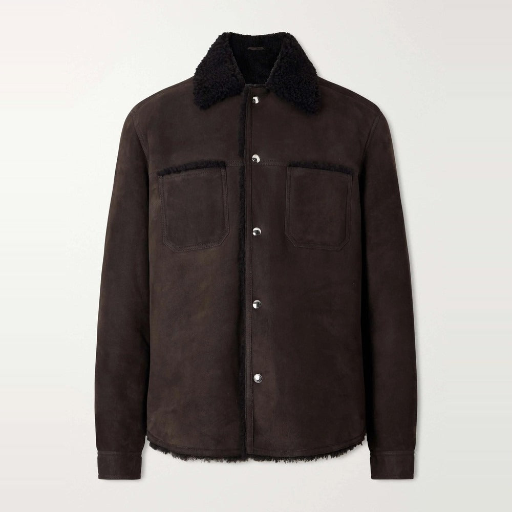 Men's Dark Brown Suede Jacket with Shearling Collar