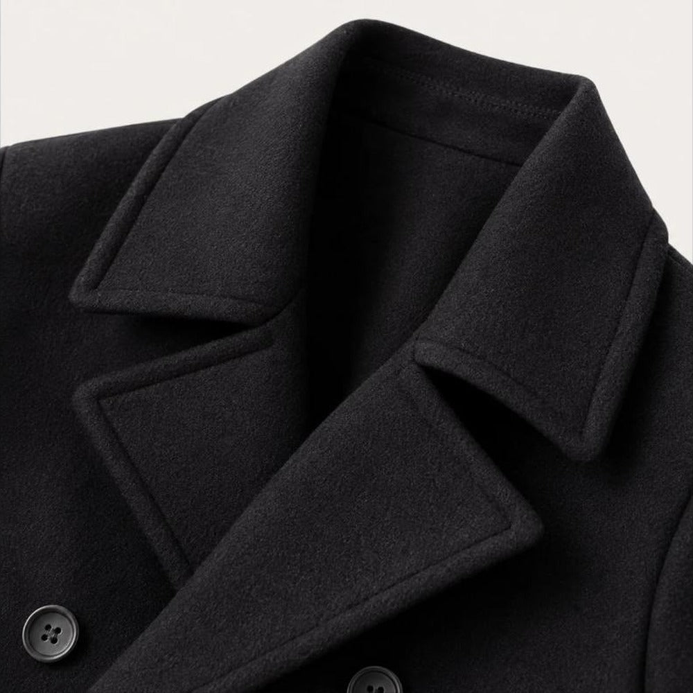Close-up of black peacoat collar and lapel detail