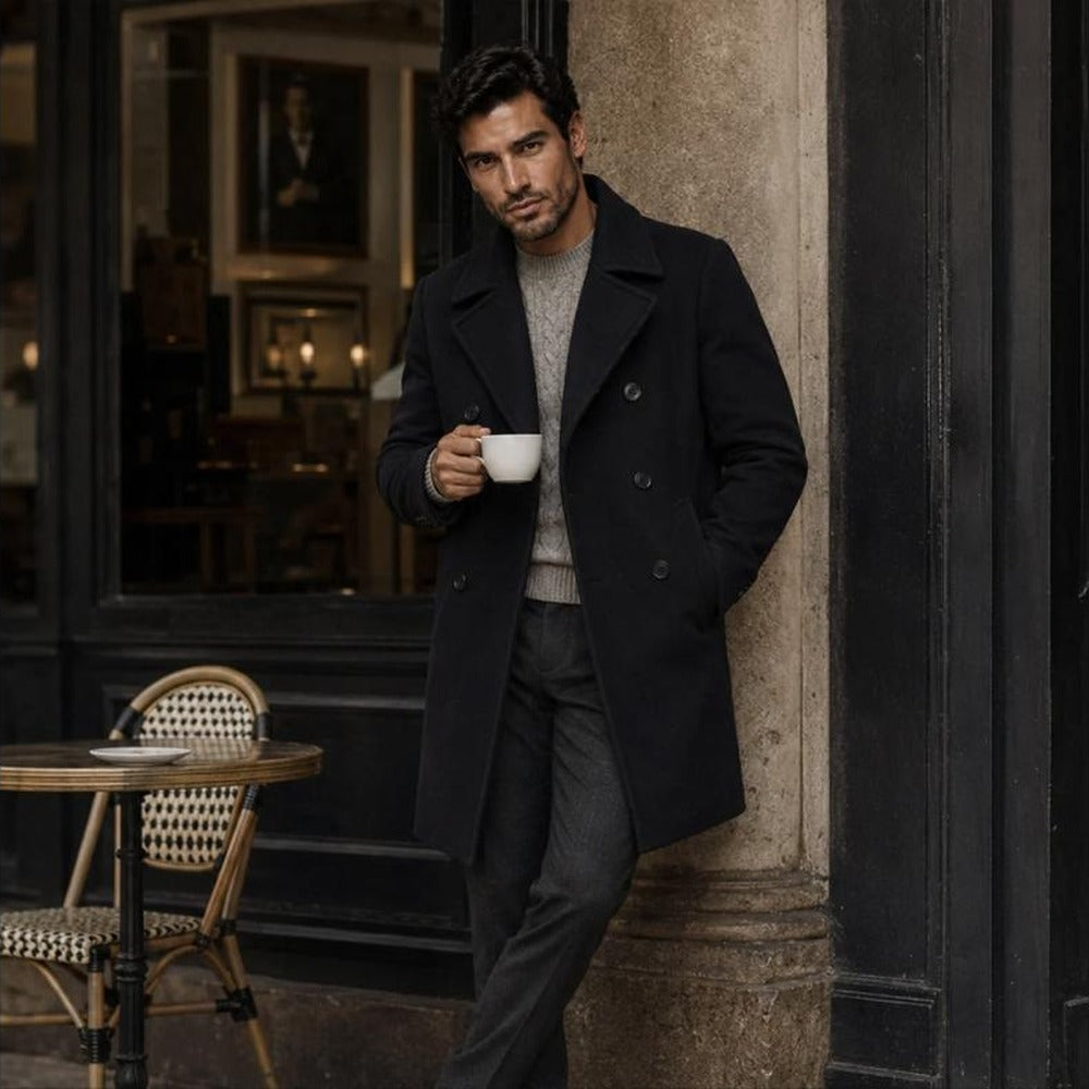 Man wearing black wool blend peacoat in a street lifestyle setting