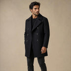 Man wearing black wool blend double-breasted peacoat, lifestyle photo