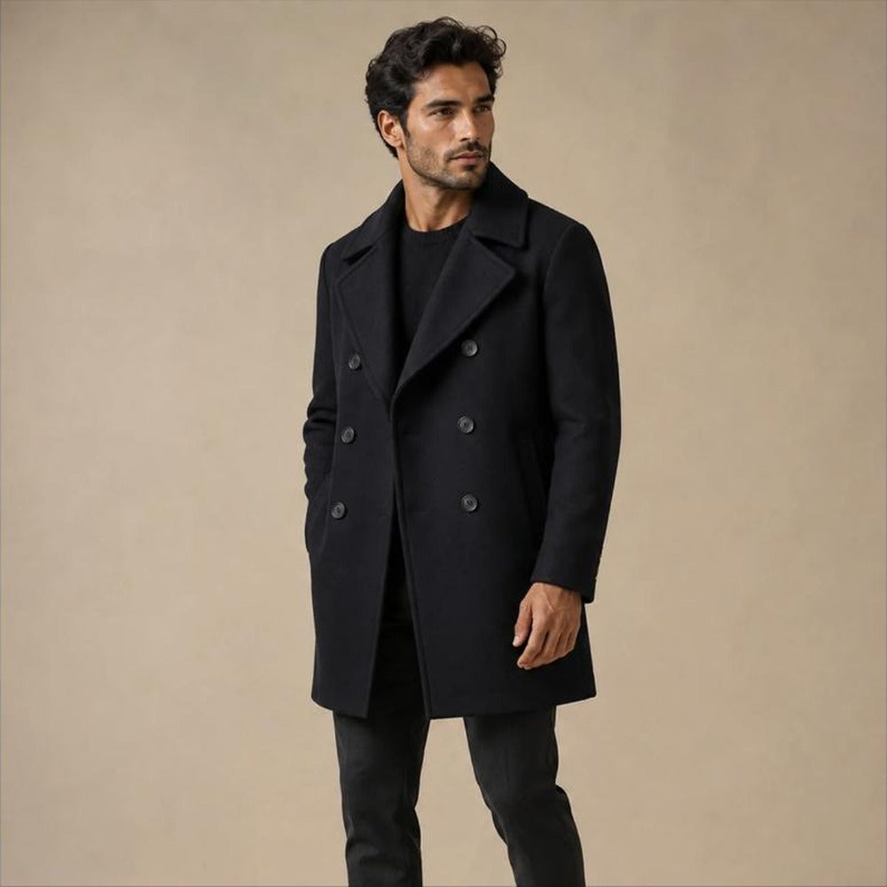 Man wearing black wool blend double-breasted peacoat, lifestyle photo