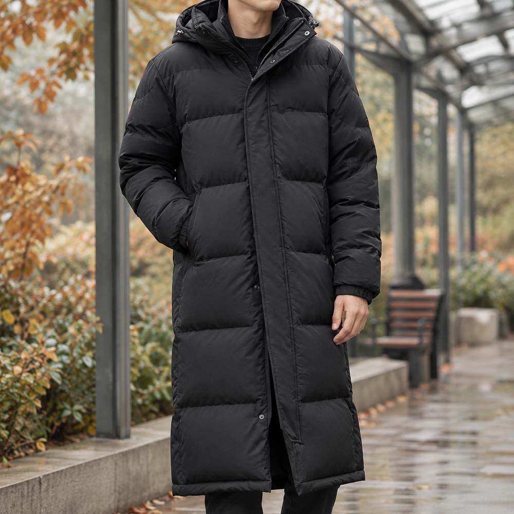 Men's Down-Filled Hooded Puffer Coat - Black - on model