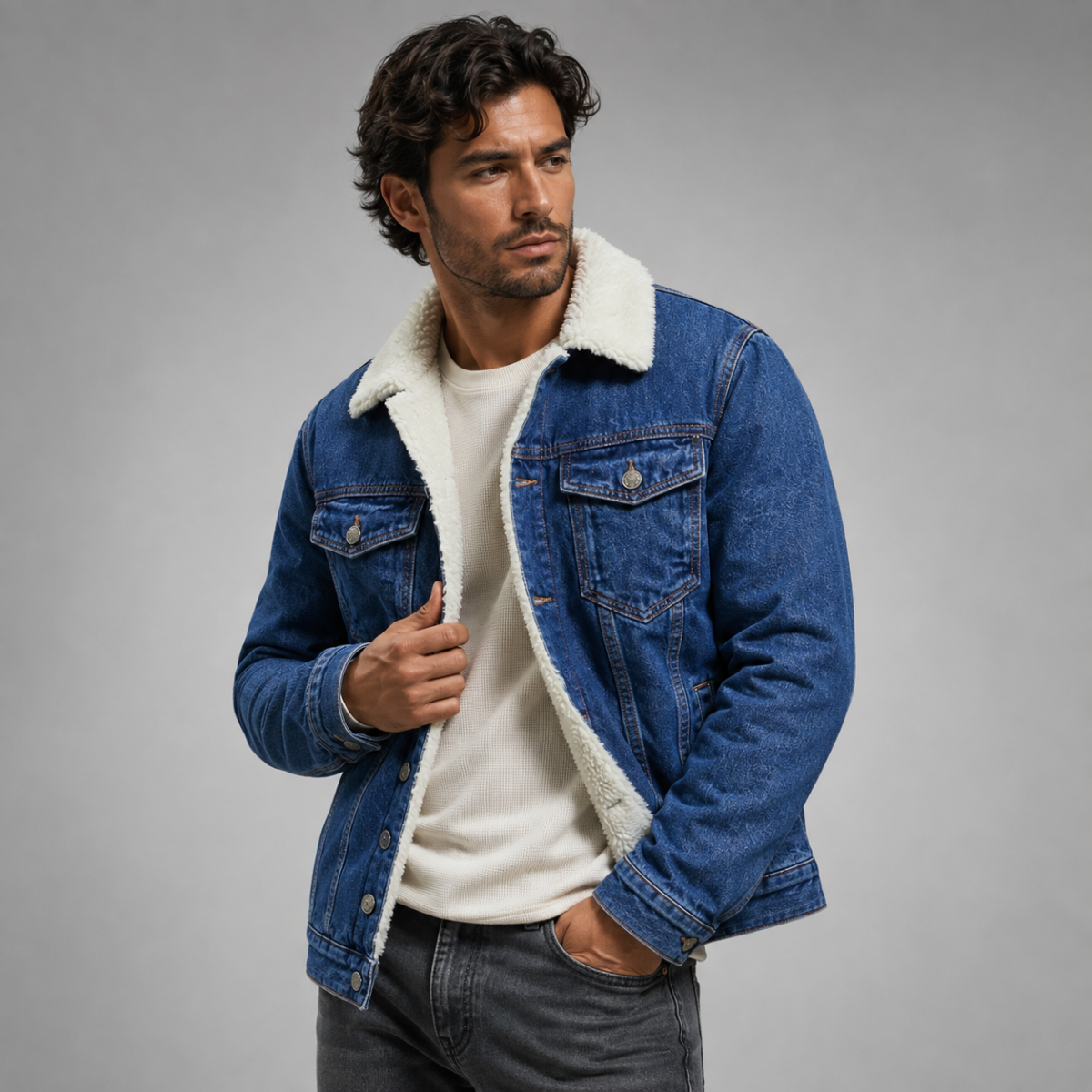 Men's Fleece Lined Denim Jacket - Deep Blue
