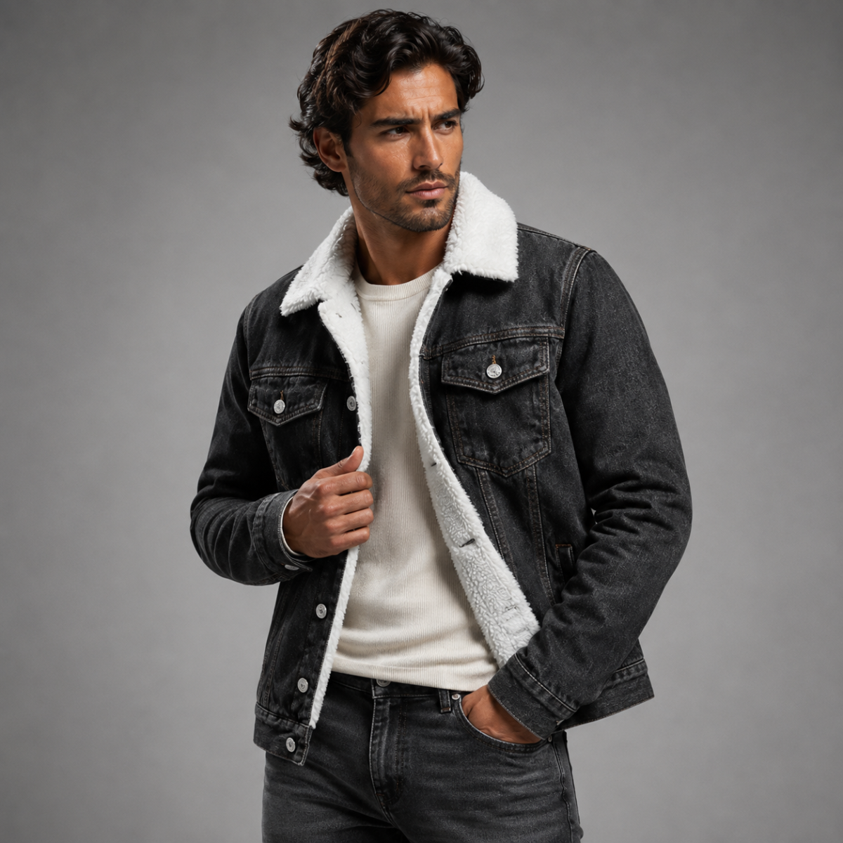 Men's Fleece Lined Denim Jacket - Gray Black