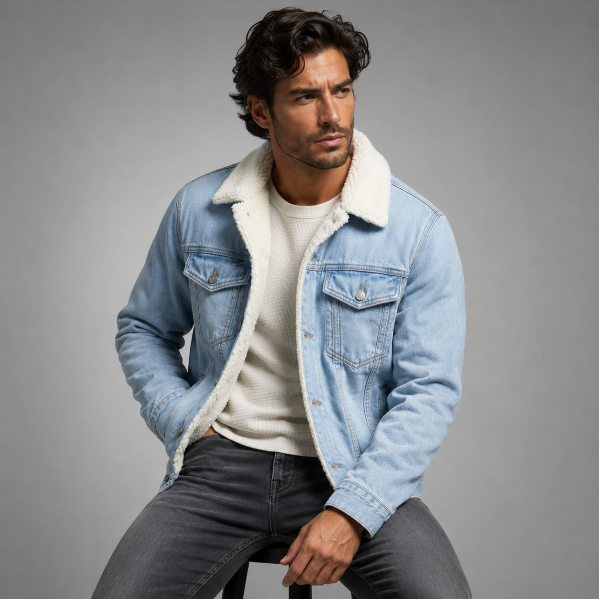 Men's Fleece Lined Denim Jacket - Light Blue