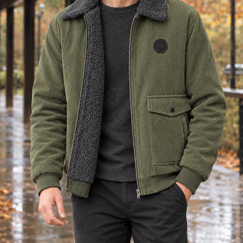 Men's Fleece-Lined Full-Zip Jacket - Army Green - on model