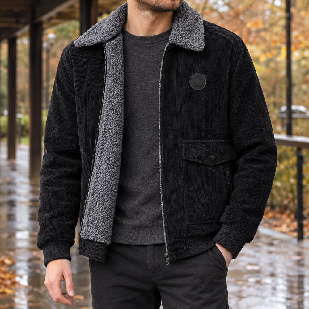 Men's Fleece-Lined Full-Zip Jacket - Black - on model