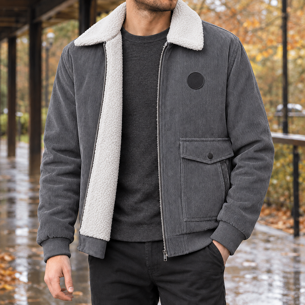 Men's Fleece-Lined Full-Zip Jacket - Gray - on model