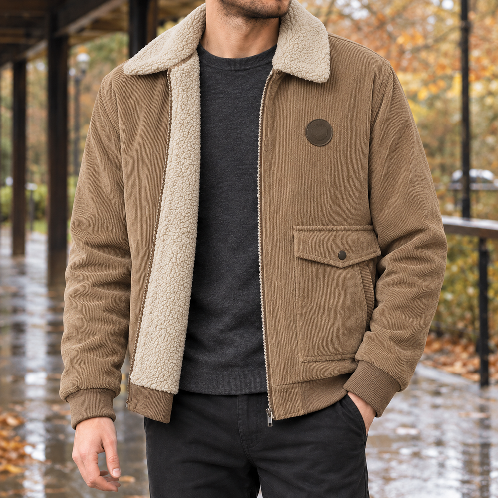 Men's Fleece-Lined Full-Zip Jacket - Khaki - on model