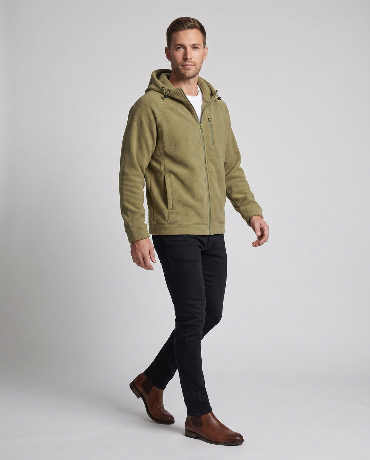 Men's fleece hoodie jacket, full body front view
