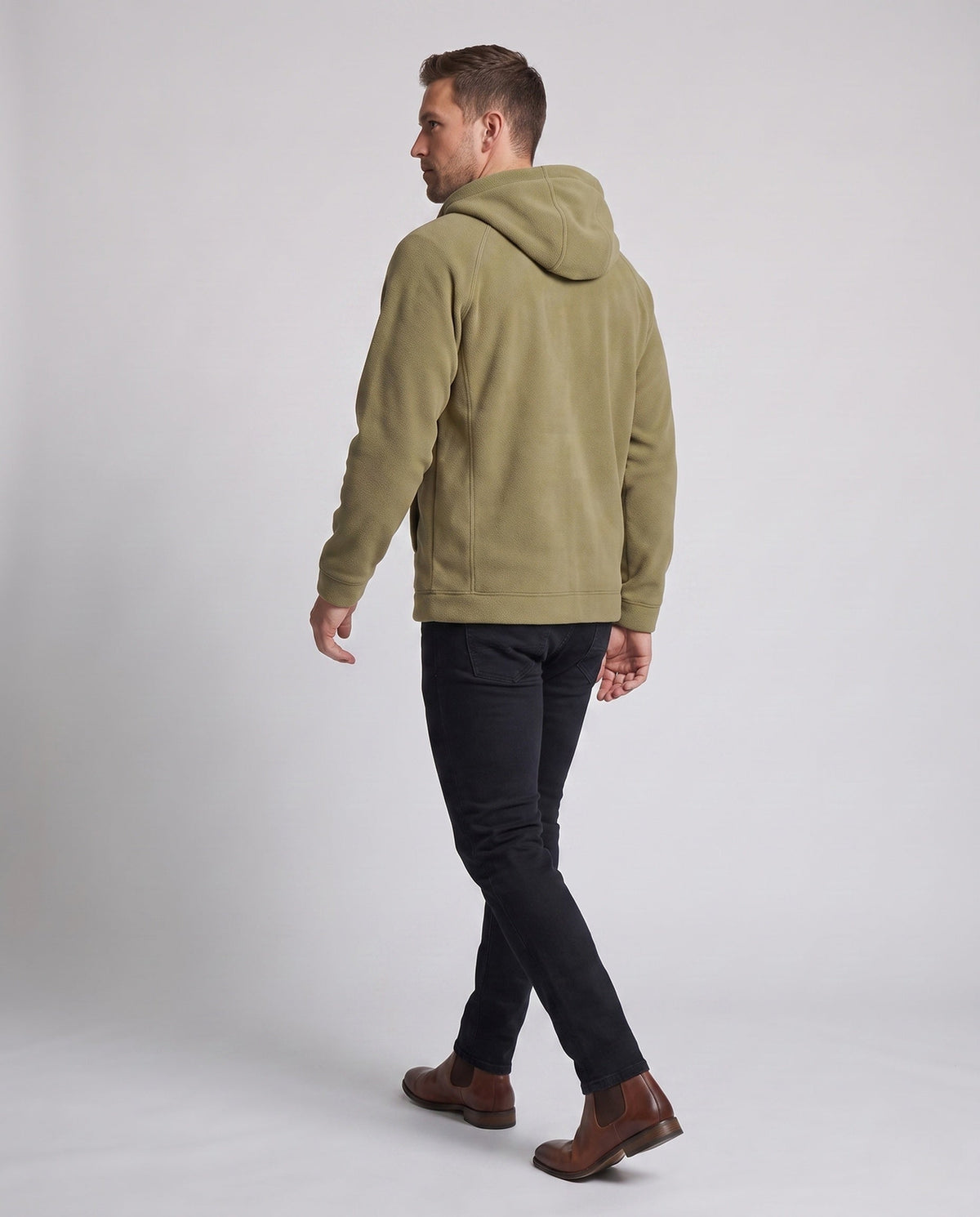 Men's fleece hoodie jacket, back view