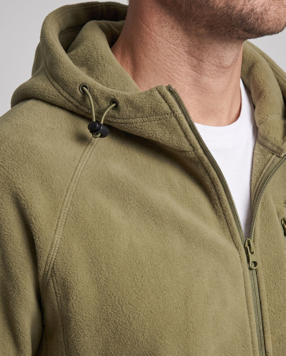 Men's fleece hoodie jacket, zipper and cuff detail
