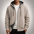 Full-Zip Fleece-Lined Knit Hoodie - Beige - on model