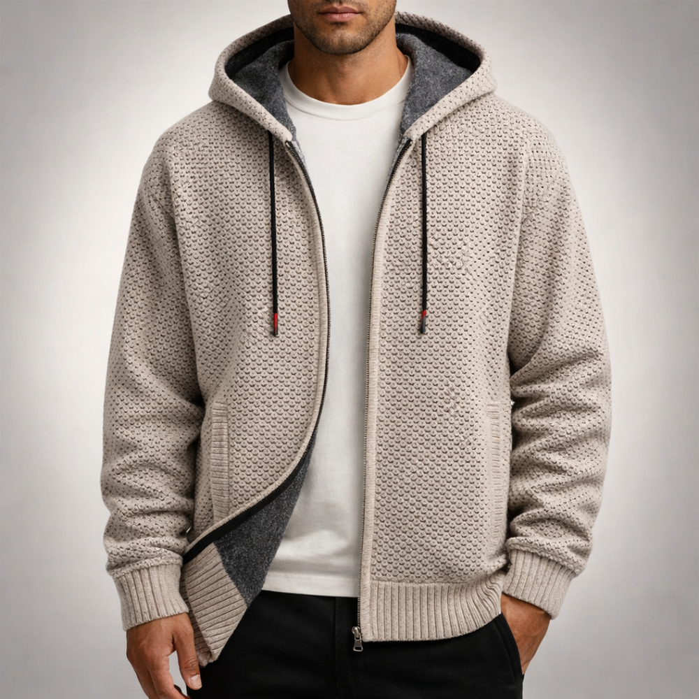 Full-Zip Fleece-Lined Knit Hoodie - Beige - on model