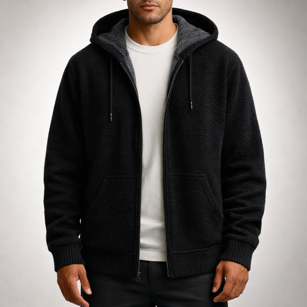 Full-Zip Fleece-Lined Knit Hoodie - Black - on model
