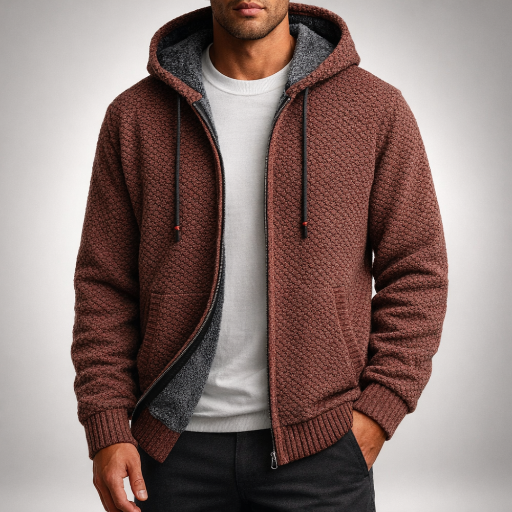 Full-Zip Fleece-Lined Knit Hoodie - Burgundy - on model