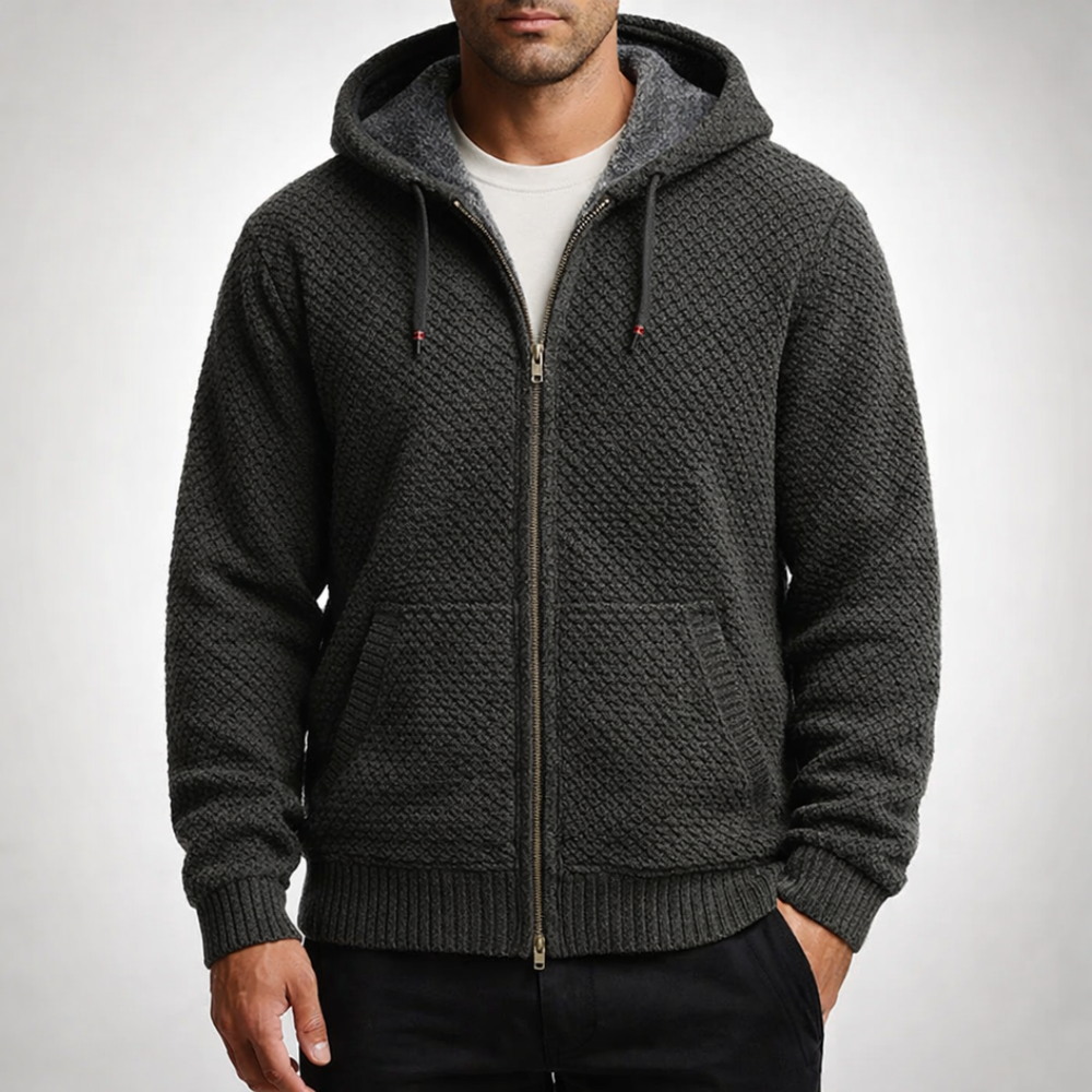 Full-Zip Fleece-Lined Knit Hoodie - Olive - on model